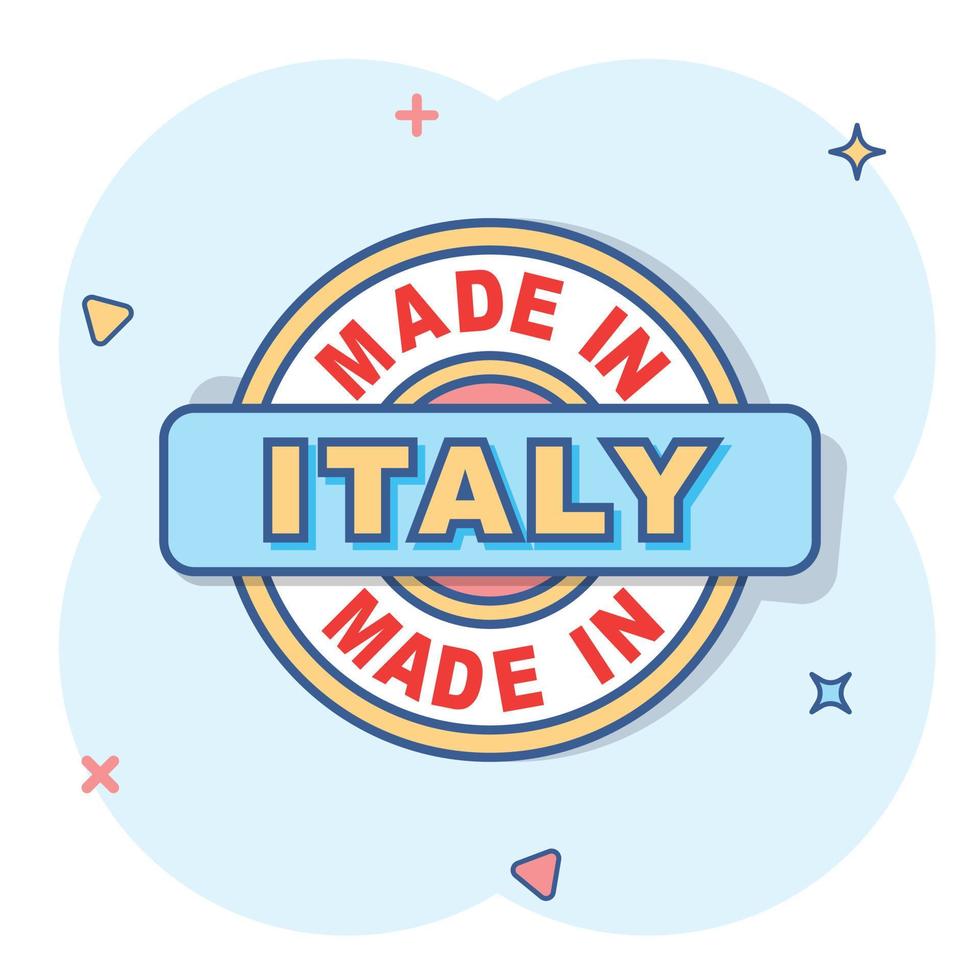 tekenfilm gemaakt in Italië icoon in grappig stijl. vervaardigd illustratie pictogram. produceren teken plons bedrijf concept. vector