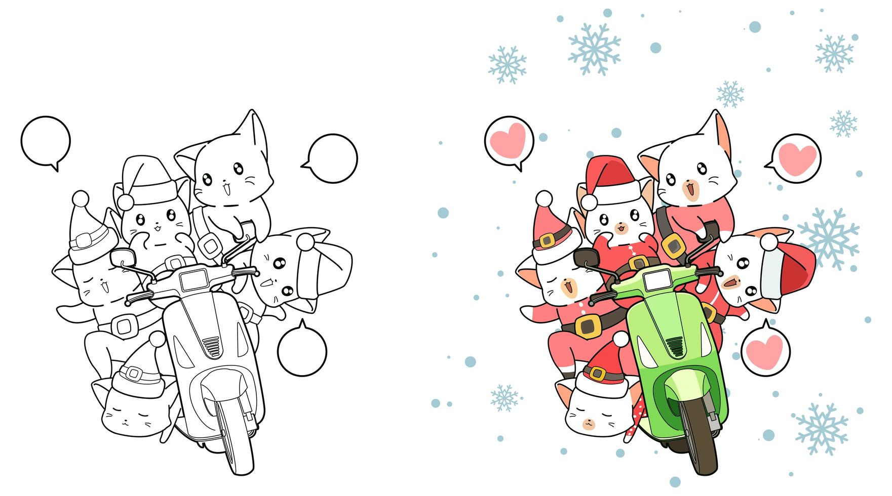 santa katten en motorfiets cartoon kleurplaat voor kinderen vector