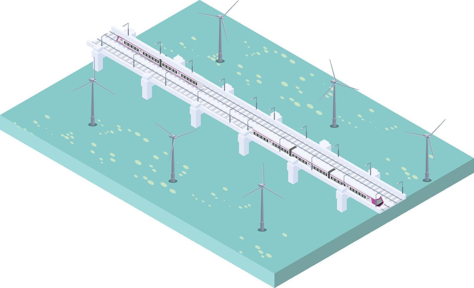 isometrische tafereel van modern elektrisch hoog snelheid trein met wind turbines genereren elektriciteit in de rivier- oceaan vector