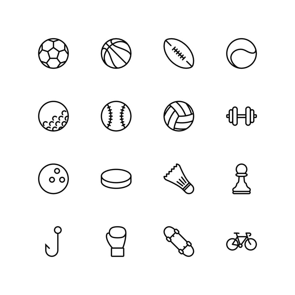 reeks van 16 sport vector dun lijn pictogrammen, verzameling van sport uitrusting vector toetsen illustratie.