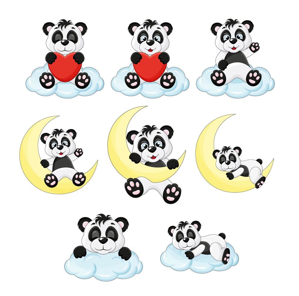 reeks schattig panda Aan wolken en maan, panda glimlacht vector