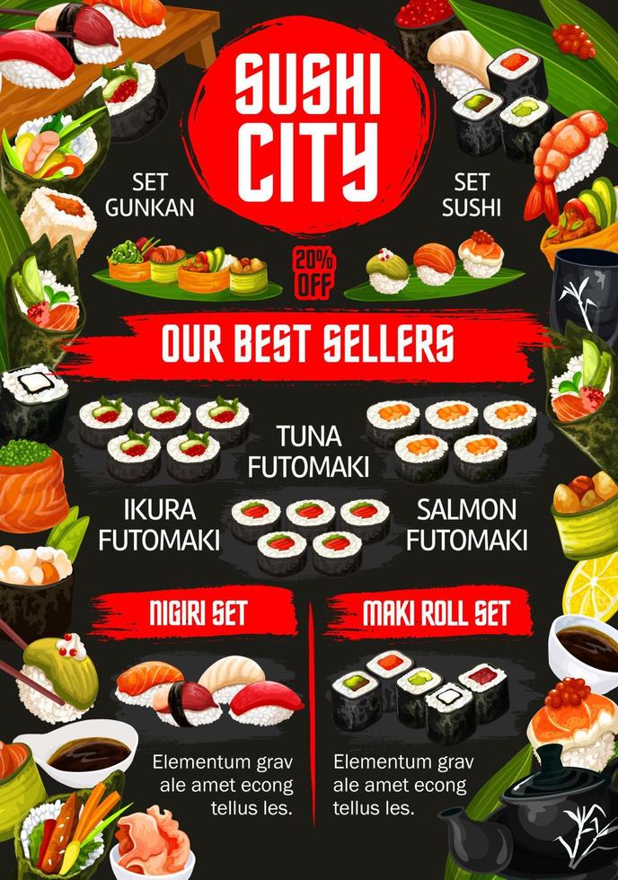 Japans sushi bar Aziatisch voedsel gerechten menu vector