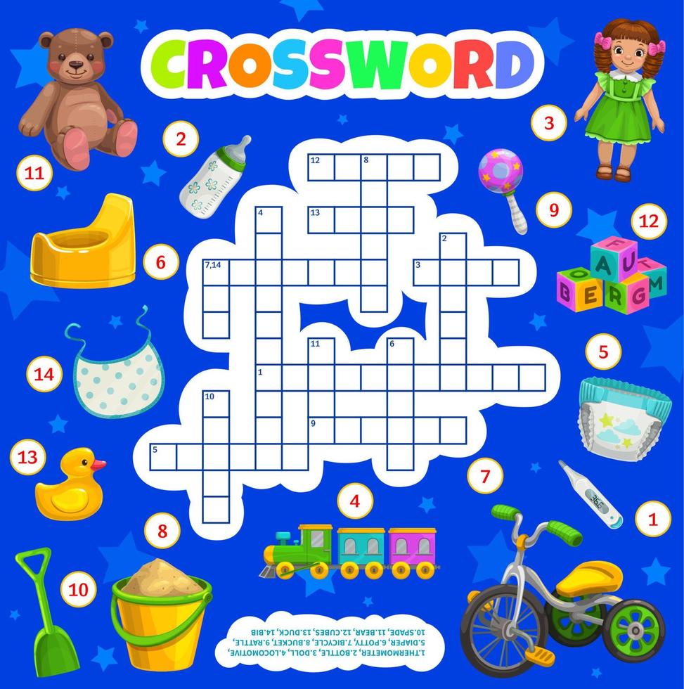 kinderen speelgoed, accessoires kruiswoordraadsel puzzel werkblad vector