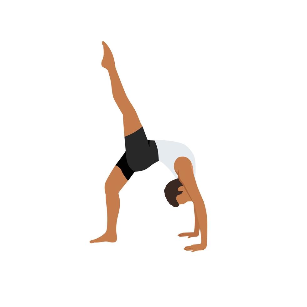 Mens aan het doen eenbenige wiel houding. praktijk eka pada urdhva dhanurasana. vlak vector illustratie geïsoleerd Aan wit achtergrond