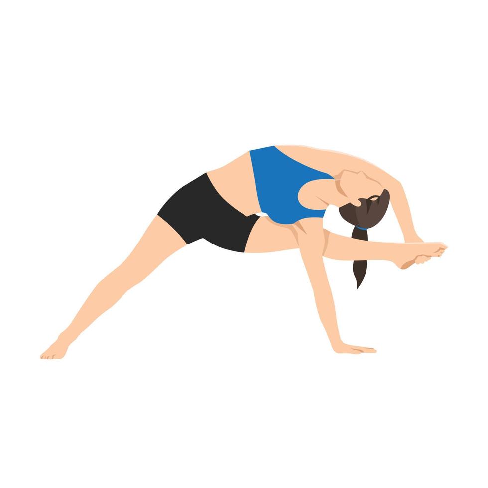 vrouw aan het doen salie visvamitrasana houding variatie. mooi meisje praktijk visvamitrasana variatie. vlak vector illustratie geïsoleerd Aan wit achtergrond