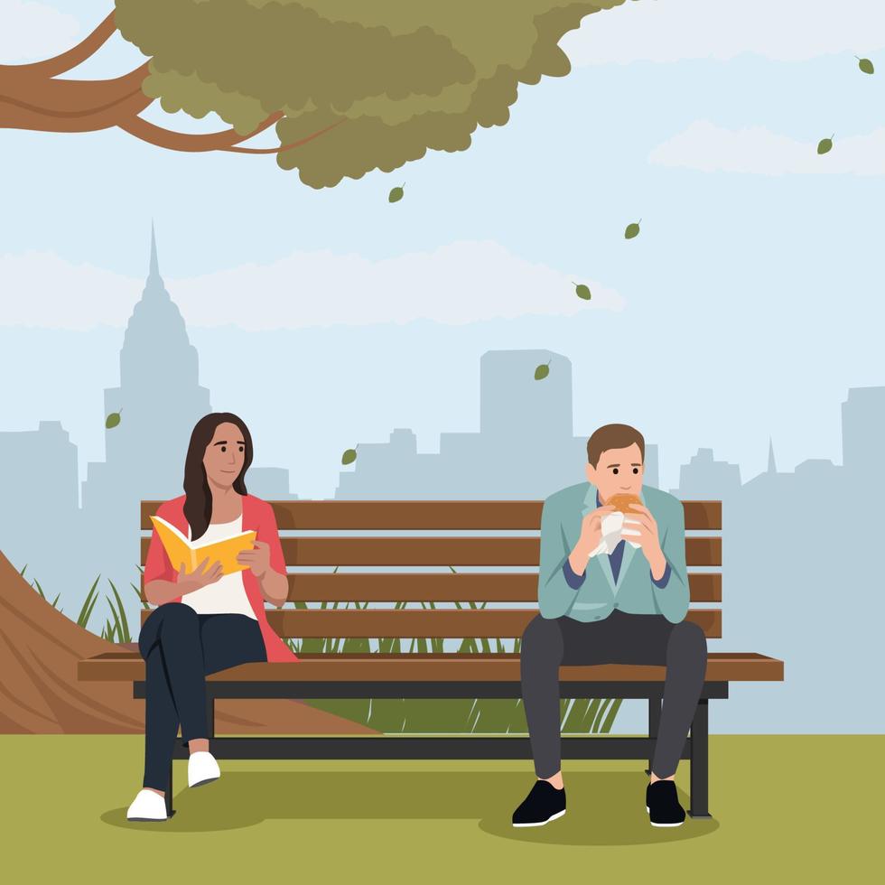 vrouw lezing een boek zittend Aan een bank in park. ze stelen een oogopslag Bij een knap Mens aan het eten belegd broodje zittend De volgende naar haar Aan een bank. vlak vector illustratie geïsoleerd Aan wit achtergrond