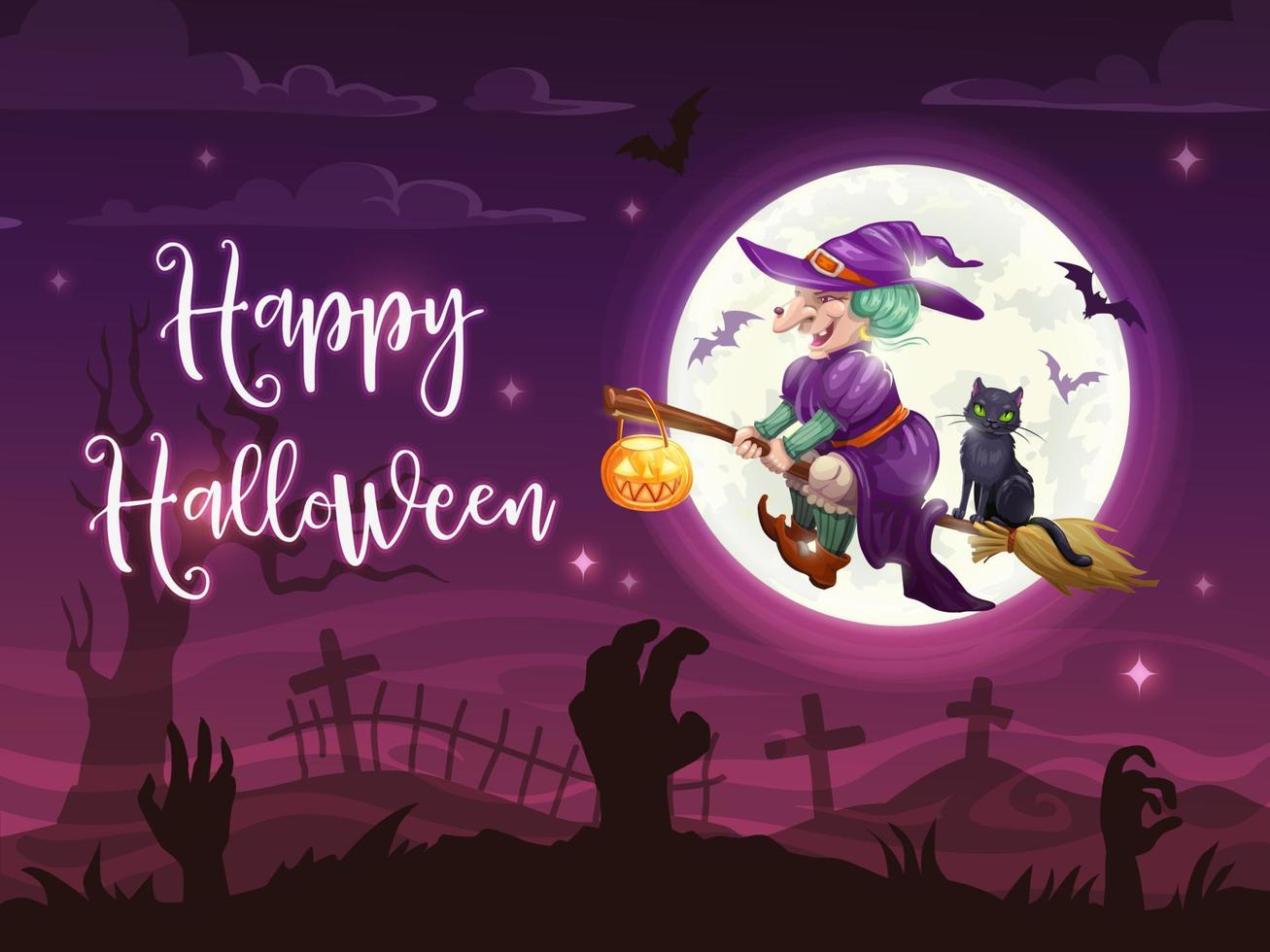 vliegend halloween heks en zwart kat Aan begraafplaats vector