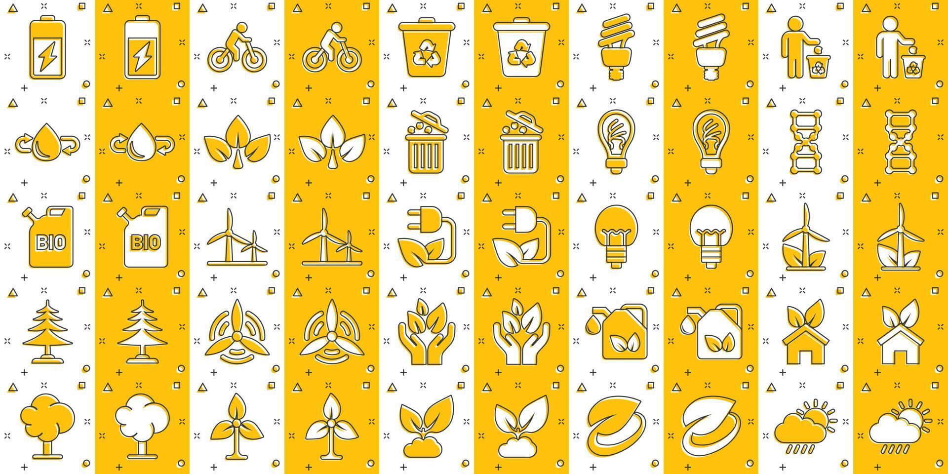 eco milieu pictogrammen reeks in grappig stijl. ecologie tekenfilm vector illustratie Aan wit geïsoleerd achtergrond. bio embleem plons effect teken bedrijf concept.