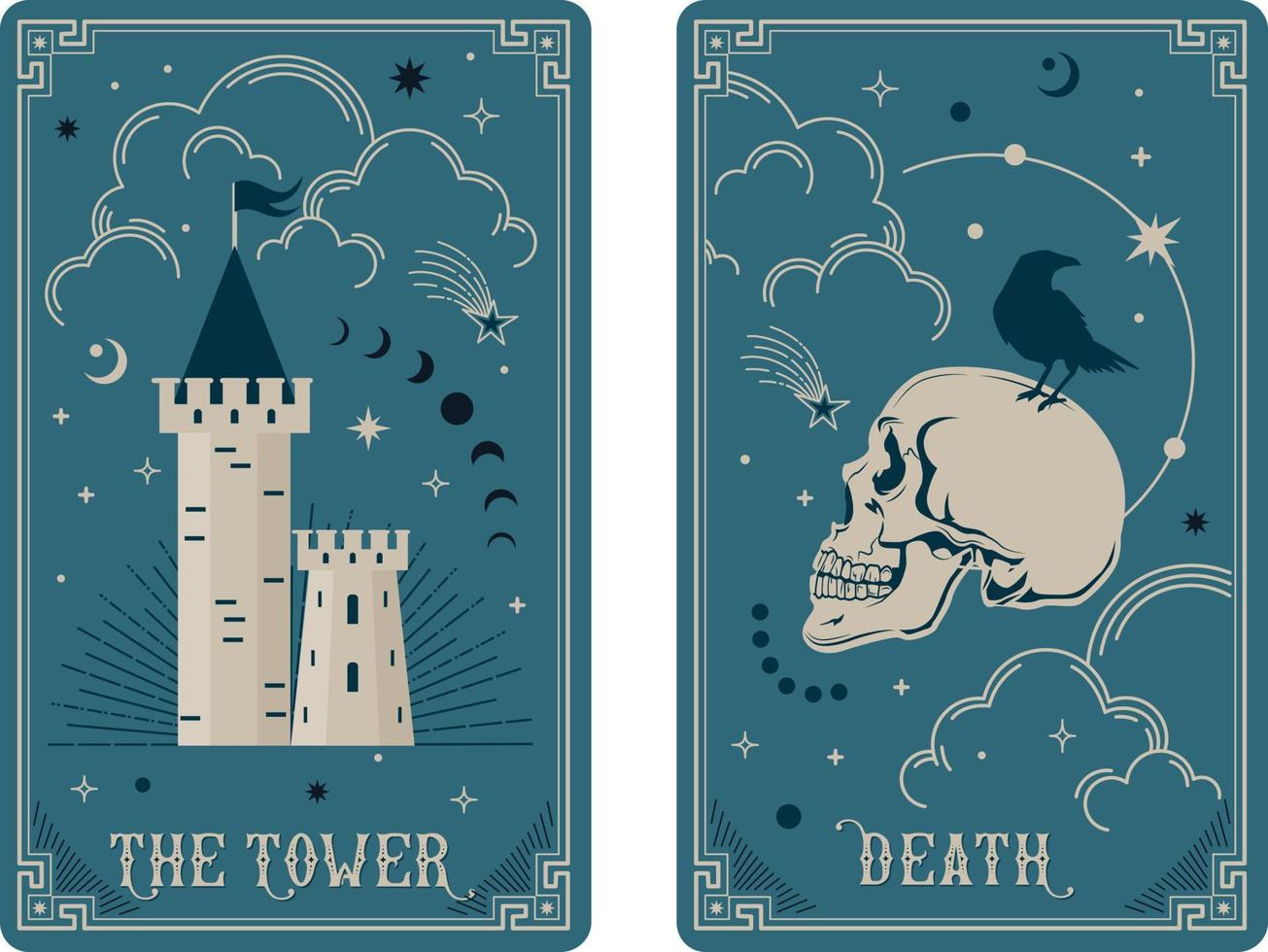 de toren en dood tarot kaart illustratie fortuin vertellen occult mysticus esoterisch. hemel- tarot kaarten eenvoudig heks tarot vector