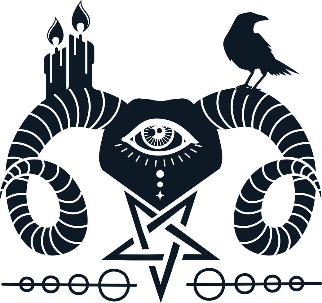 satanisch geit hoofd met de pentagram, oog, kaars, en raaf illustratie voor tatoeëren, afdrukken, en embleem. vector