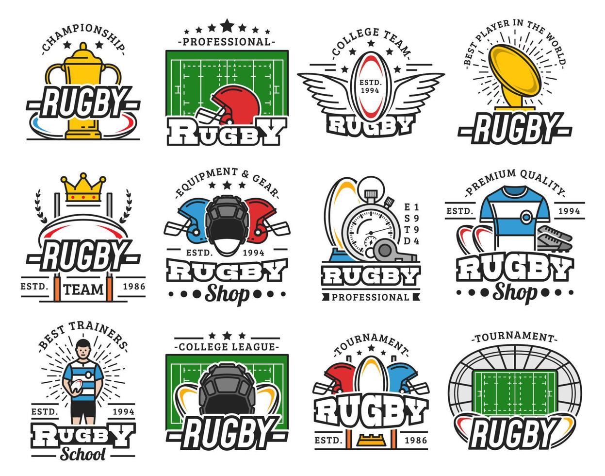 rugby club kampioenschap, sport uitrusting pictogrammen vector