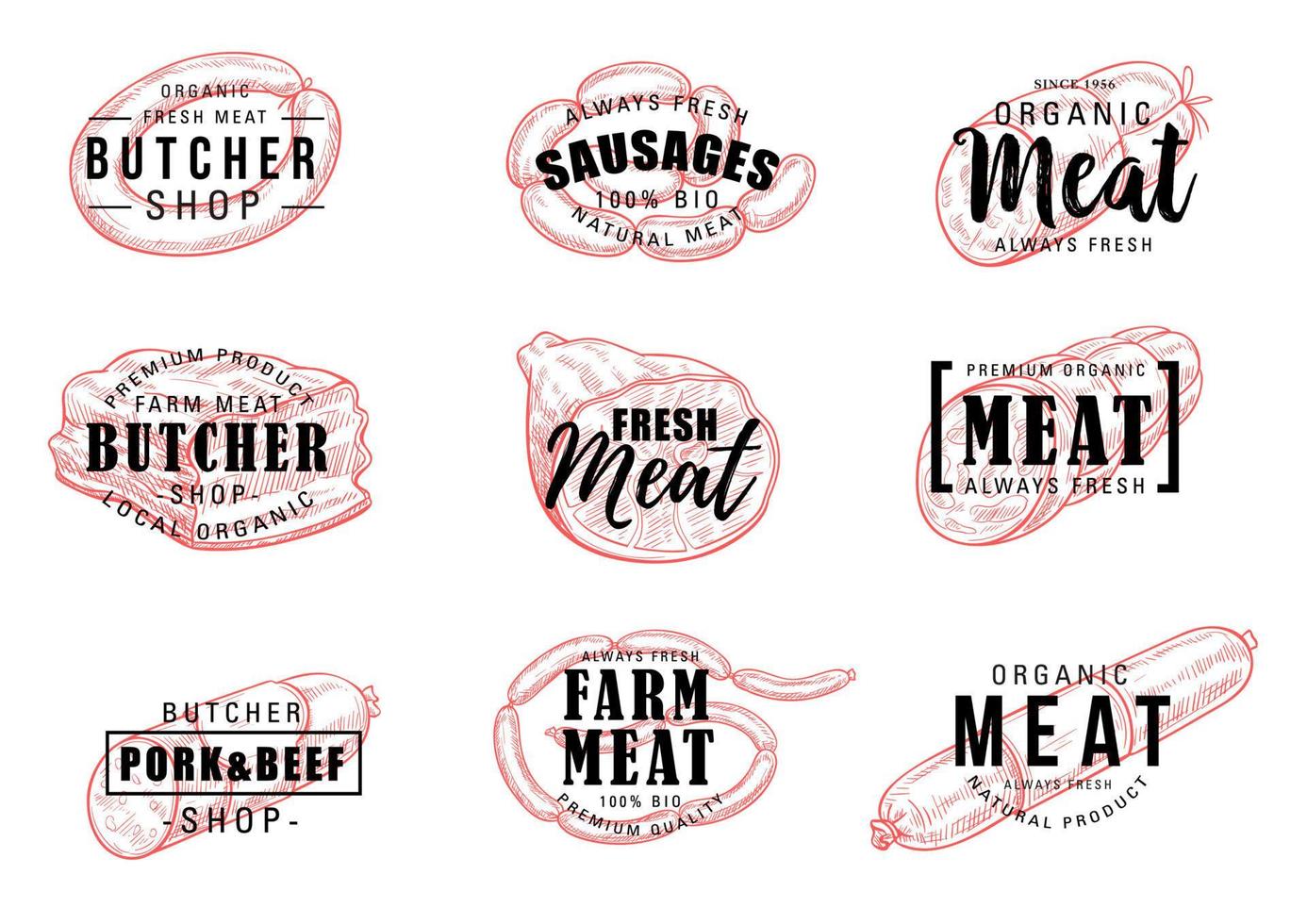 slagerij of vlees winkel pictogrammen silhouetten met tekens vector