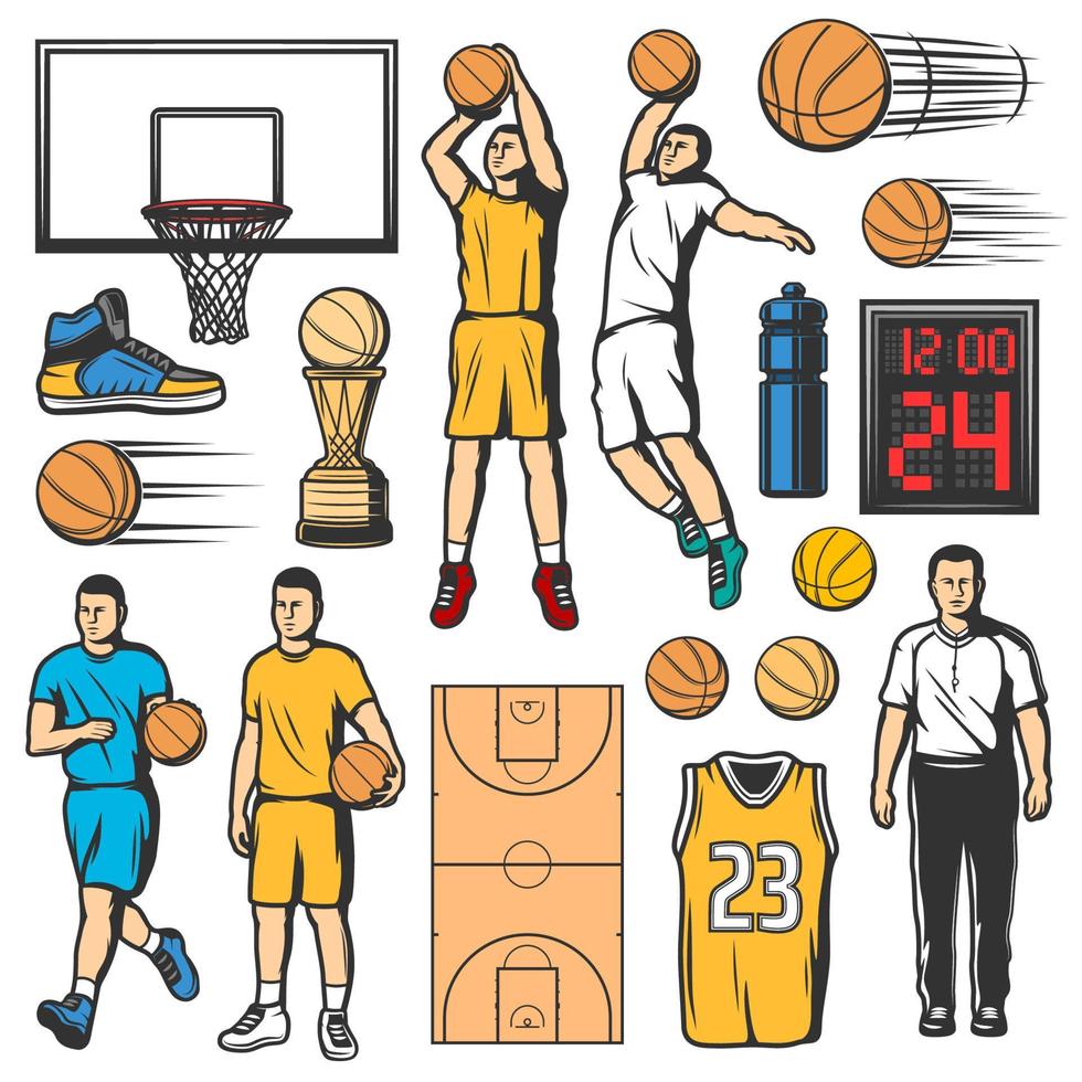 basketbal spel pictogrammen, spelers en sport items vector