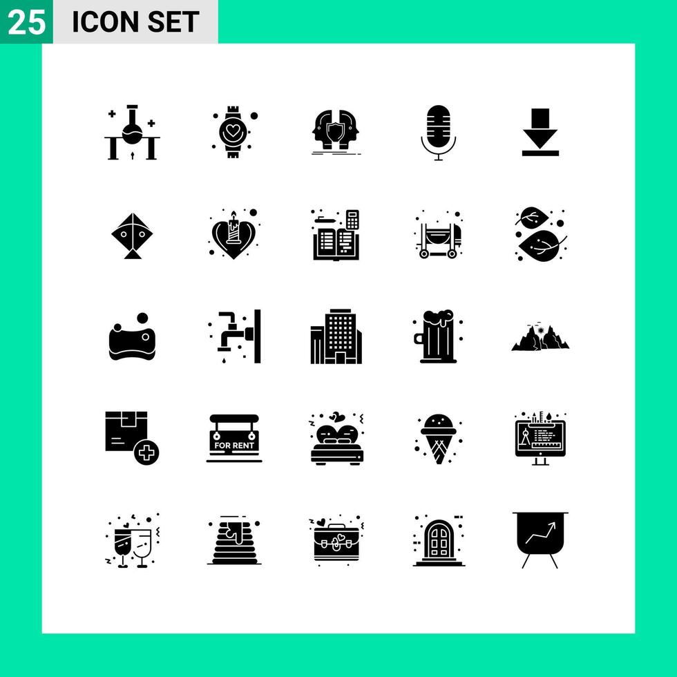 25 solide glyph concept voor websites mobiel en apps pijl mic kijk maar leven identiteit bewerkbare vector ontwerp elementen