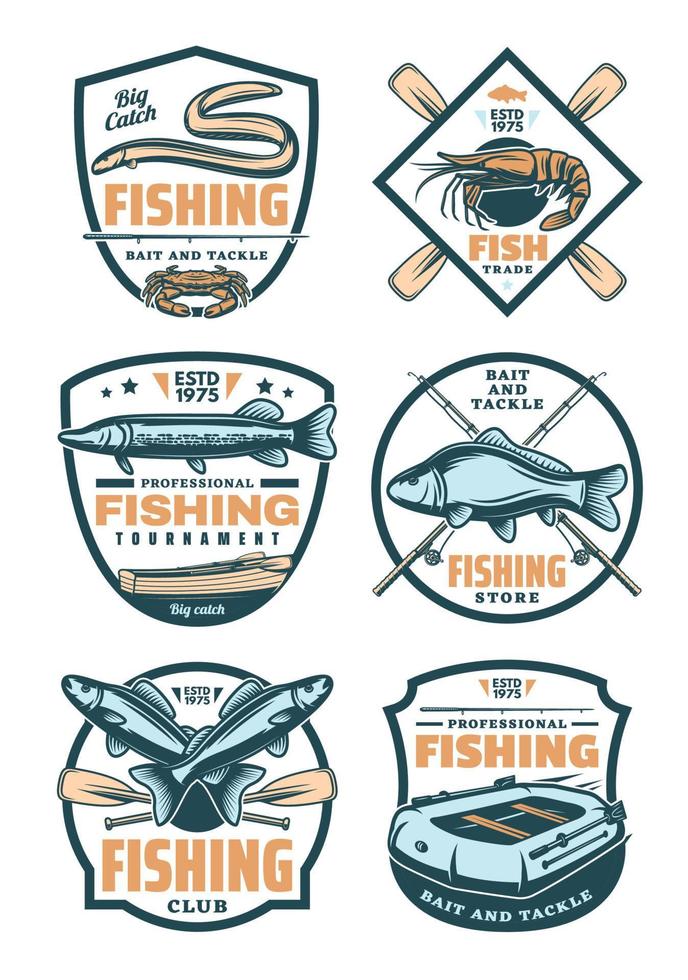 visvangst club en visser winkel retro badges vector