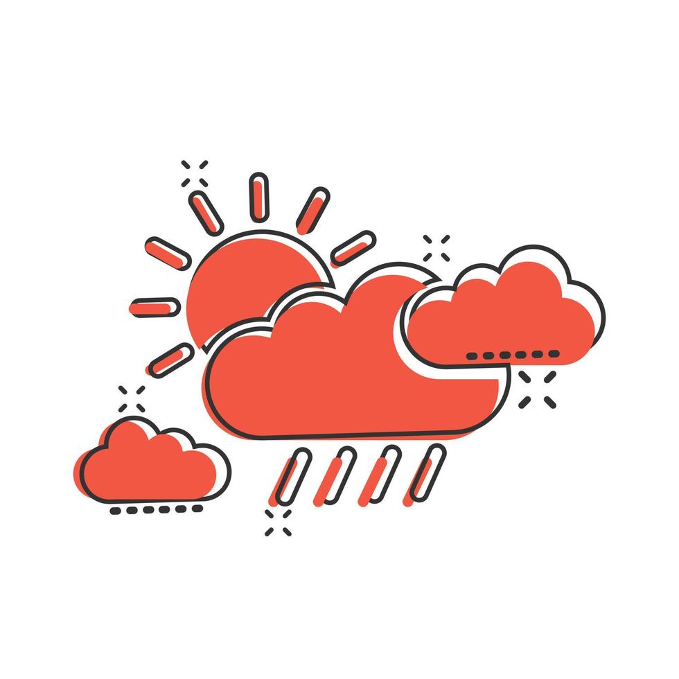 weer icoon in grappig stijl. zon, wolk en regen tekenfilm vector illustratie Aan wit geïsoleerd achtergrond. meteorologie plons effect teken bedrijf concept.