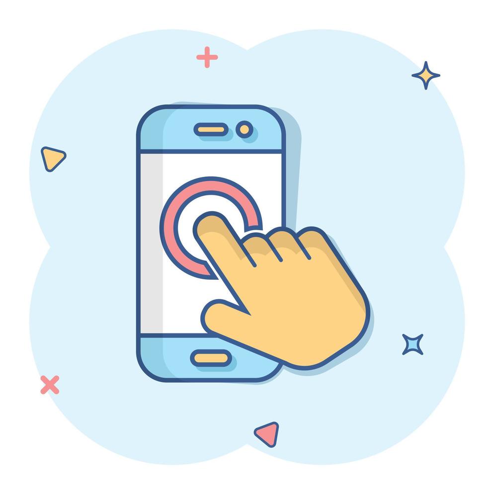 hand- tintje smartphone icoon in grappig stijl. telefoon vinger vector tekenfilm illustratie Aan wit geïsoleerd achtergrond. cursor touch screen bedrijf concept plons effect.