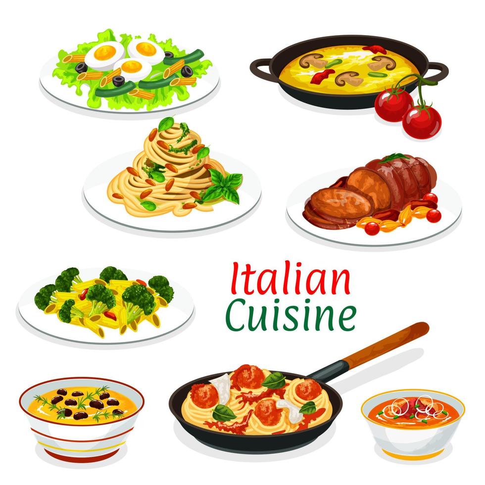 Italiaans pasta met sauzen, vlees en vis gerechten vector