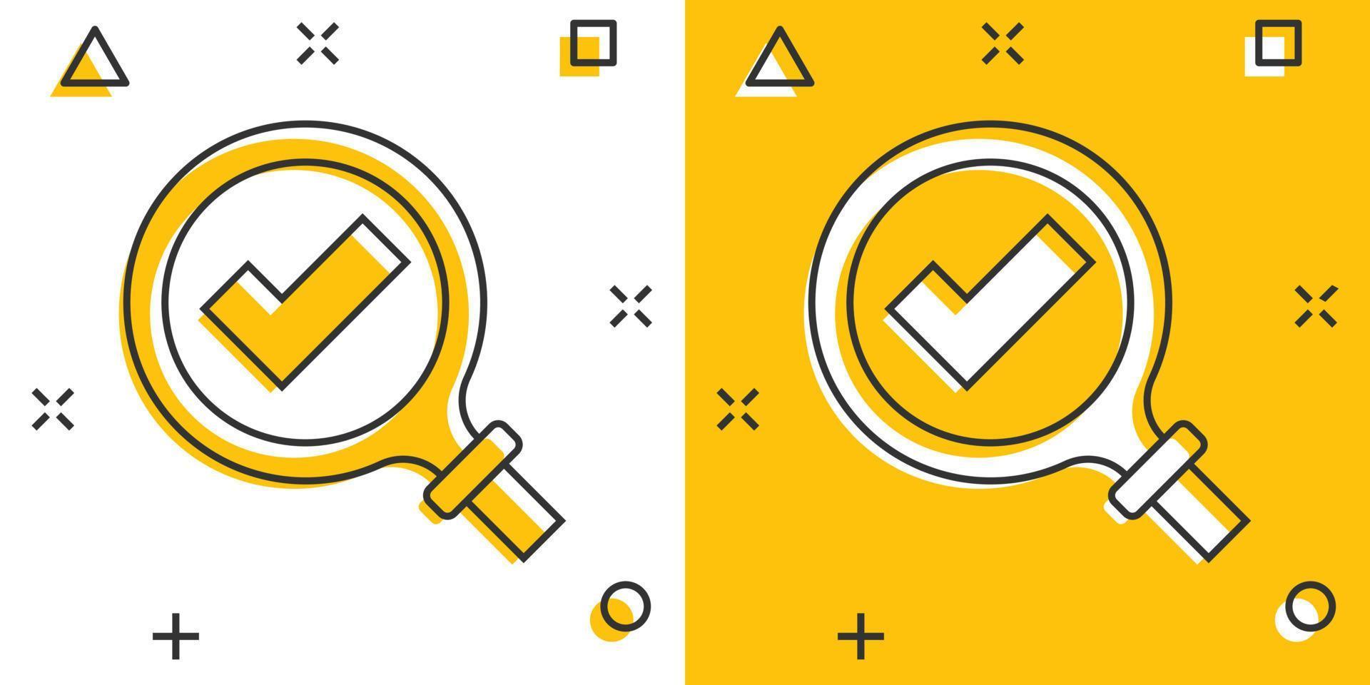 controleren Mark met vergroten glas icoon in grappig stijl. loupe aanvaarden tekenfilm vector illustratie Aan wit geïsoleerd achtergrond. zoeken checklist plons effect bedrijf concept.