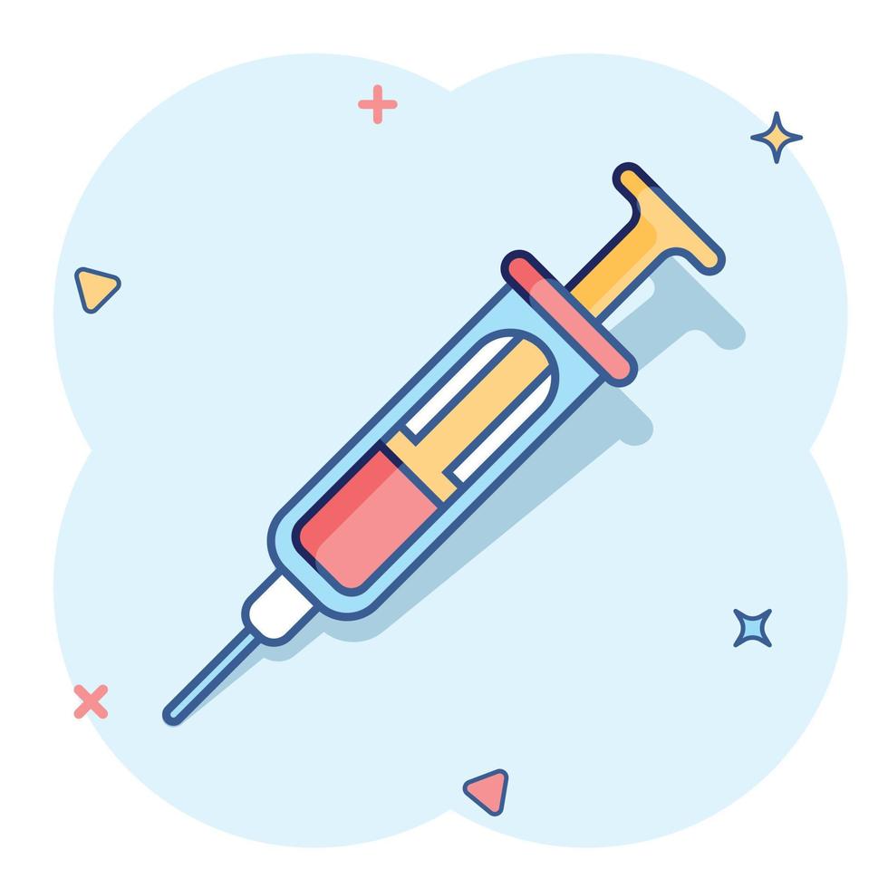 injectiespuit icoon in grappig stijl. coronavirus vaccin injecteren tekenfilm vector illustratie Aan geïsoleerd achtergrond. covid-19 vaccinatie plons effect teken bedrijf concept.