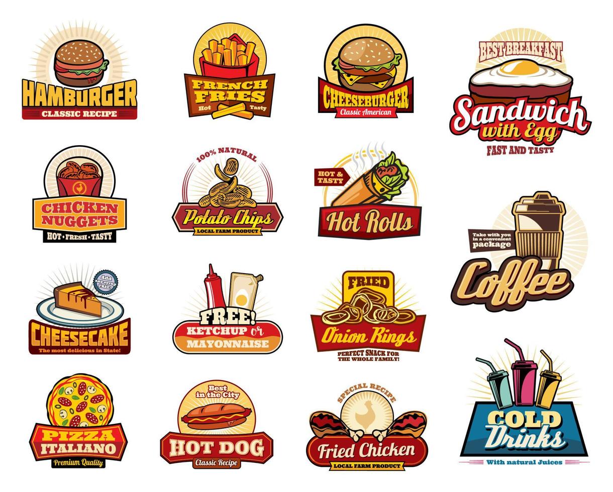 snel voedsel drankjes, desserts en hamburgers pictogrammen vector