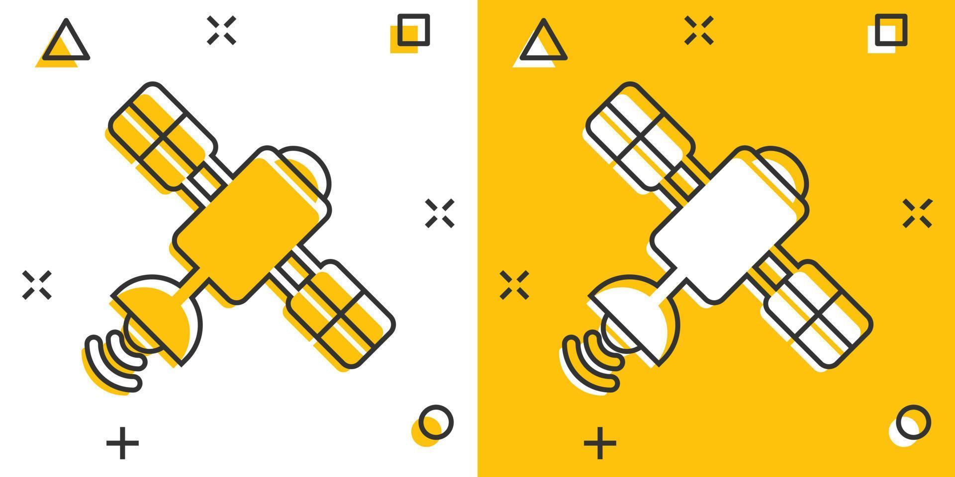 satelliet icoon in grappig stijl. spoetnik tekenfilm vector illustratie Aan wit geïsoleerd achtergrond. ruimte vervoer plons effect teken bedrijf concept.