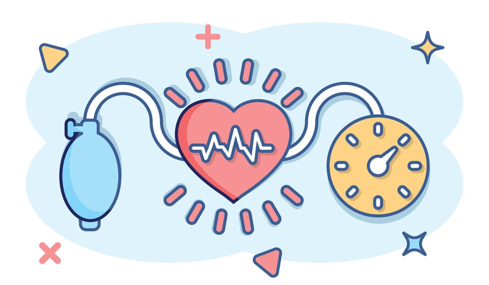 arterieel bloed druk icoon in grappig stijl. hartslag toezicht houden op tekenfilm vector illustratie Aan geïsoleerd achtergrond. pulse diagnose plons effect teken bedrijf concept.