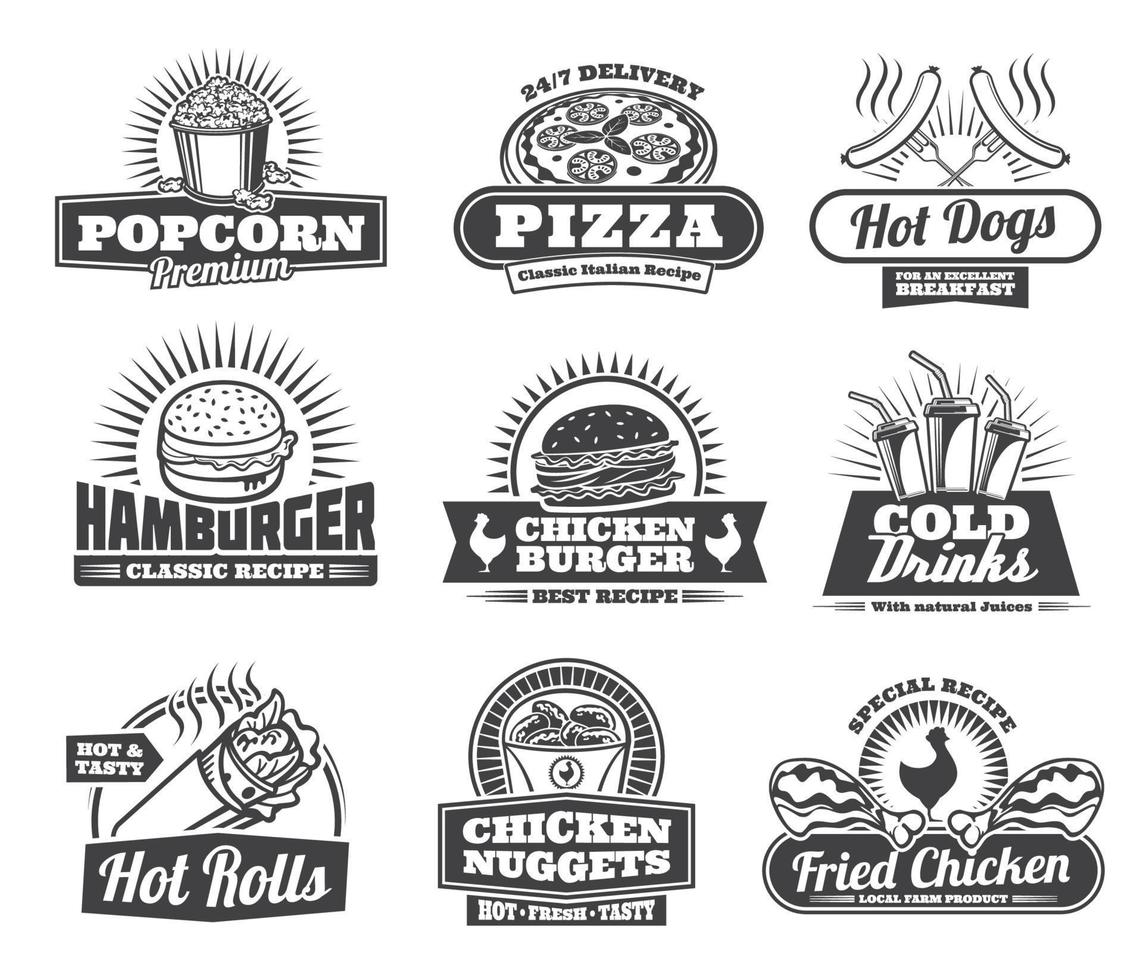 snel voedsel maaltijden, pizza en snacks retro pictogrammen vector