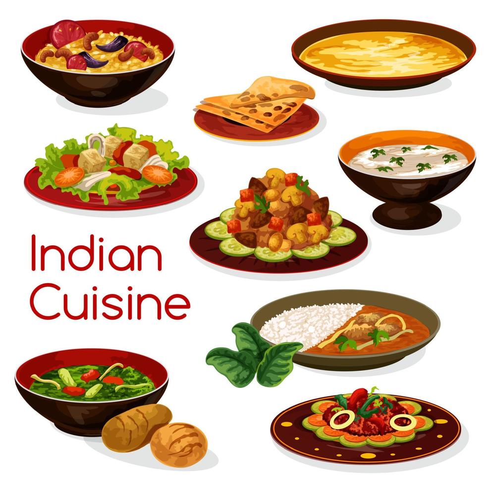 Indisch keuken maaltijd pictogrammen en gerechten vector