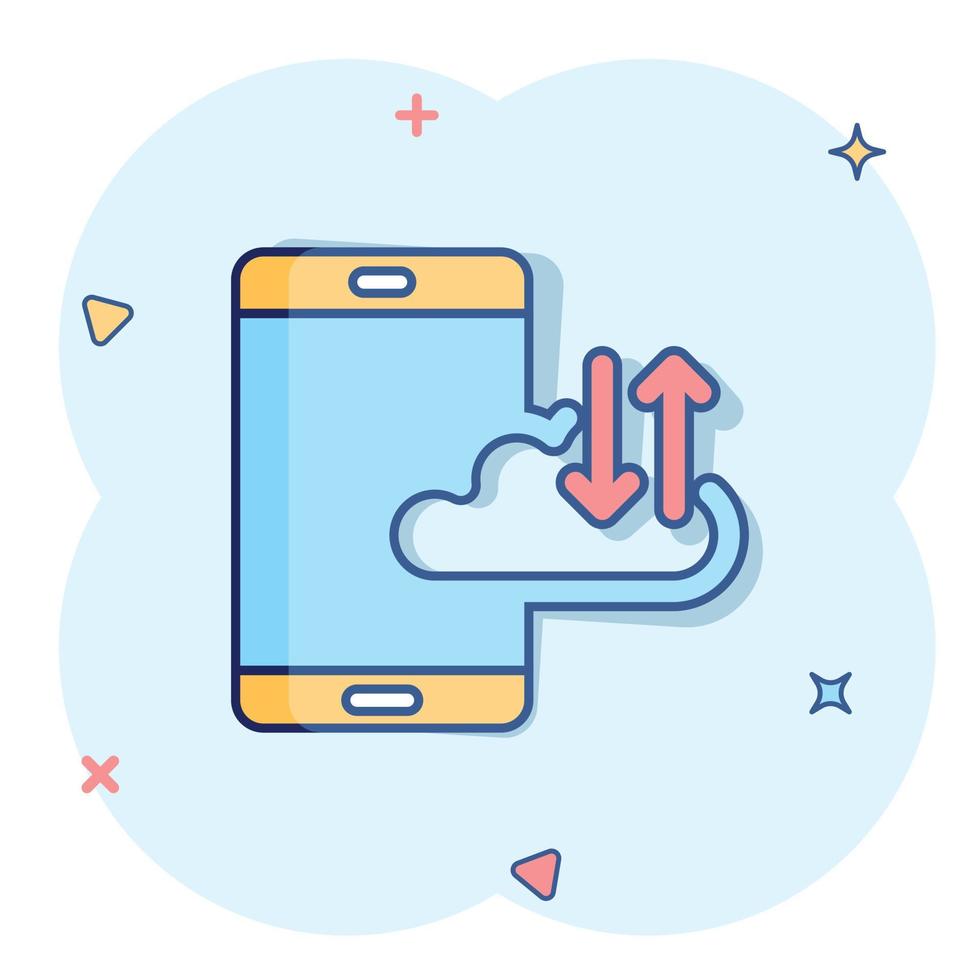 smartphone met wolk icoon in grappig stijl. telefoon netwerk opslagruimte tekenfilm vector illustratie Aan wit geïsoleerd achtergrond. online backup plons effect bedrijf concept.