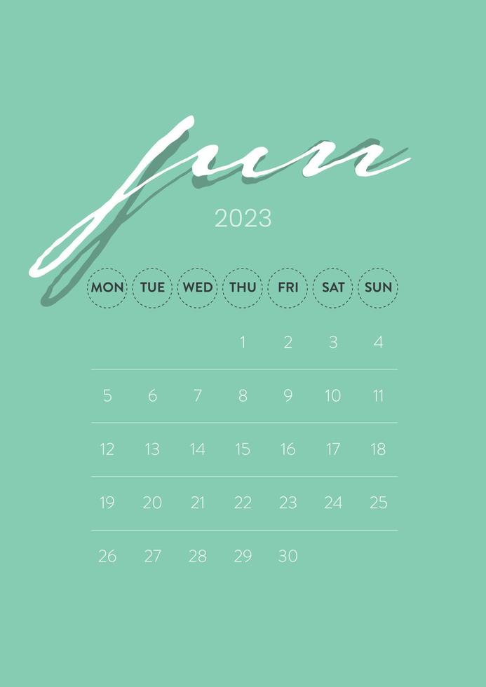 creatief minimaal bedrijf maandelijks 2023 kalender sjabloon vector. bureau, muur kalender voor afdrukken, digitaal kalender of planner. week begin Aan maandag. gemakkelijk modern jaar- kalender lay-out ontwerp. juni. vector