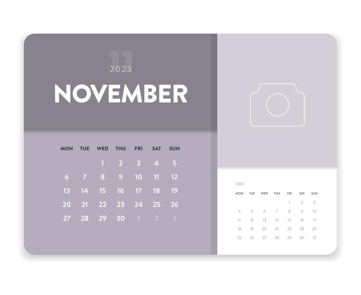 creatief minimaal bedrijf maandelijks 2023 kalender sjabloon vector. bureau, muur kalender voor afdrukken, digitaal kalender of planner. week begin Aan maandag. gemakkelijk modern jaar- kalender lay-out ontwerp. november vector