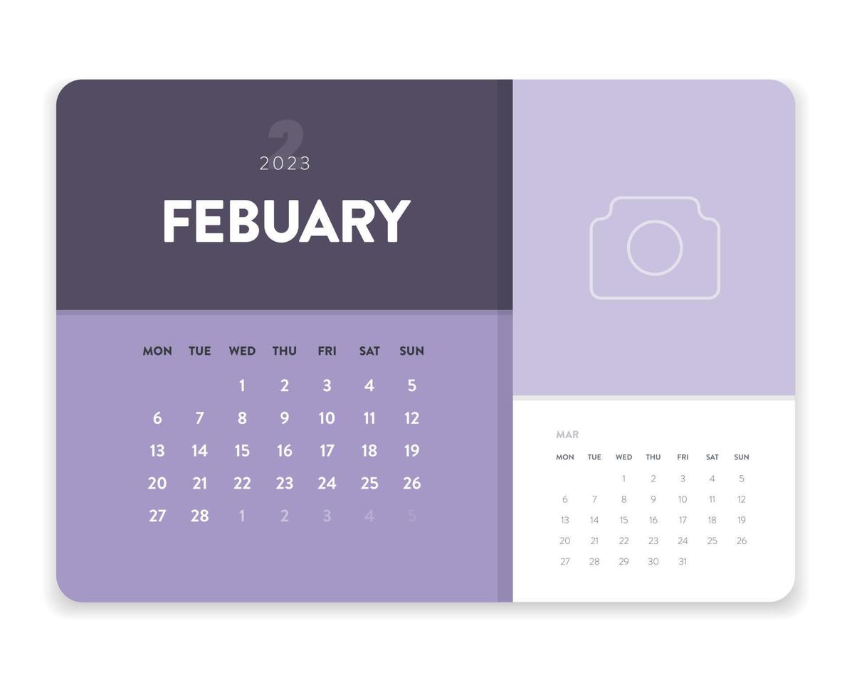 creatief minimaal bedrijf maandelijks 2023 kalender sjabloon vector. bureau, muur kalender voor afdrukken, digitaal kalender of planner. week begin Aan maandag. gemakkelijk modern jaar- kalender lay-out ontwerp. februari vector