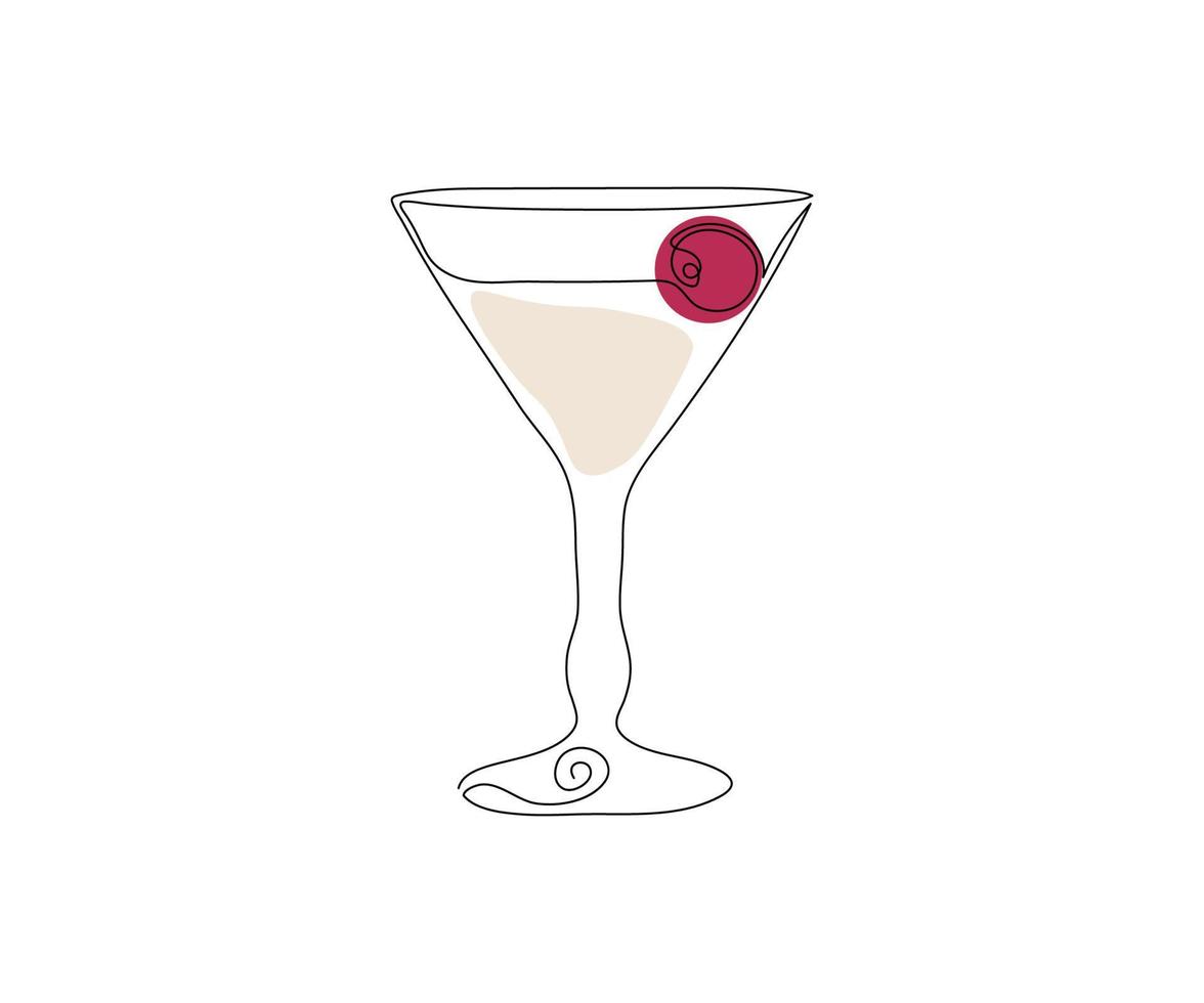 een wijn glas met een martini of cocktail. getrokken door hand- met een monolijn. een lijn kunst vector