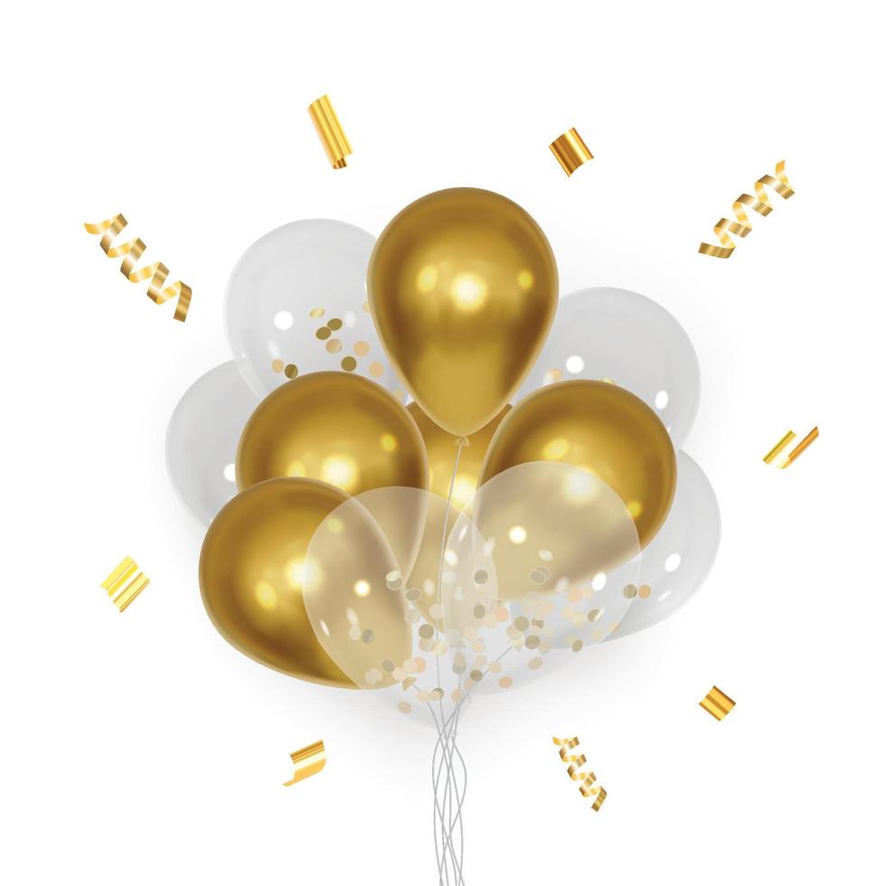 realistisch gouden en transparant 3d ballonnen met confetti vector