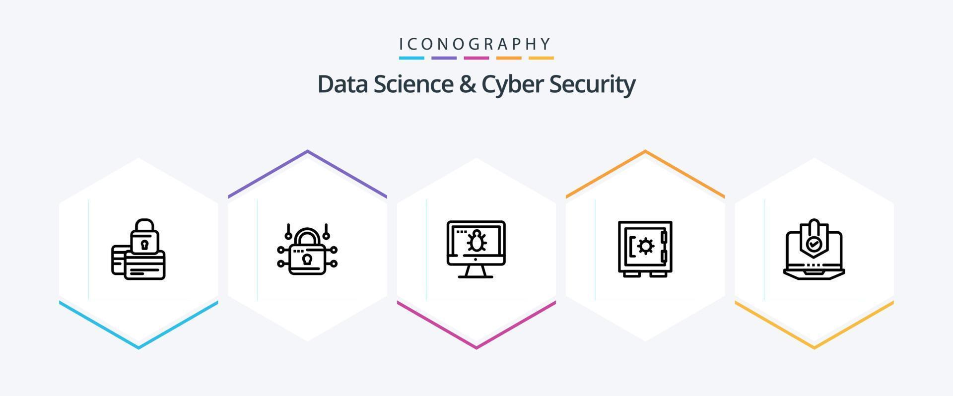 gegevens wetenschap en cyber veiligheid 25 lijn icoon pak inclusief zeker. kluisje. veiligheid. op slot doen. scherm vector