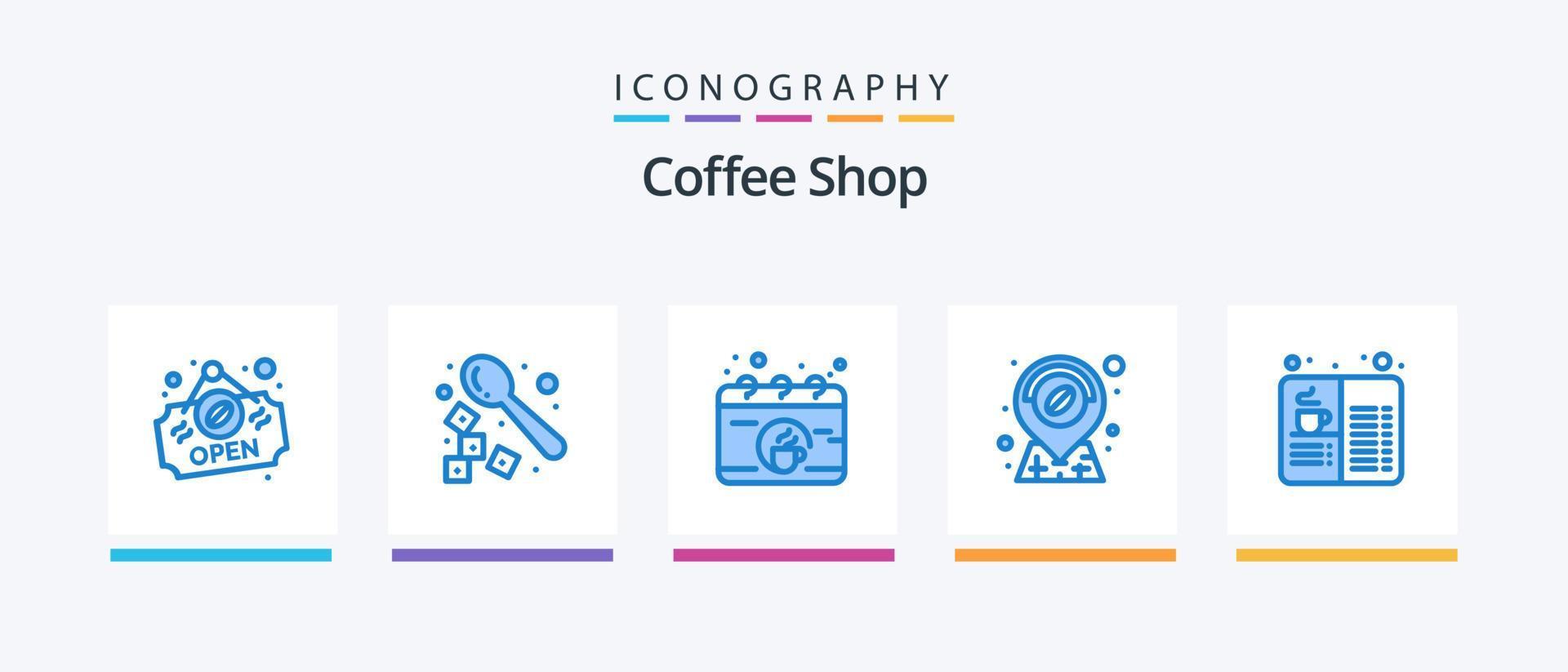 koffie winkel blauw 5 icoon pak inclusief drankje. cafe. pauze. boek. plaats. creatief pictogrammen ontwerp vector