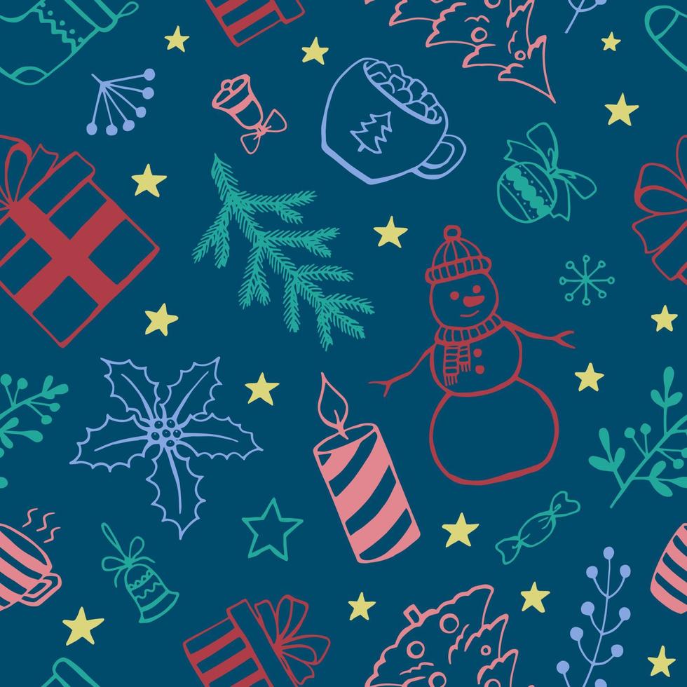 Kerstmis naadloze patroon, hand getrokken doodle stijlelementen. vectorillustratie. vector