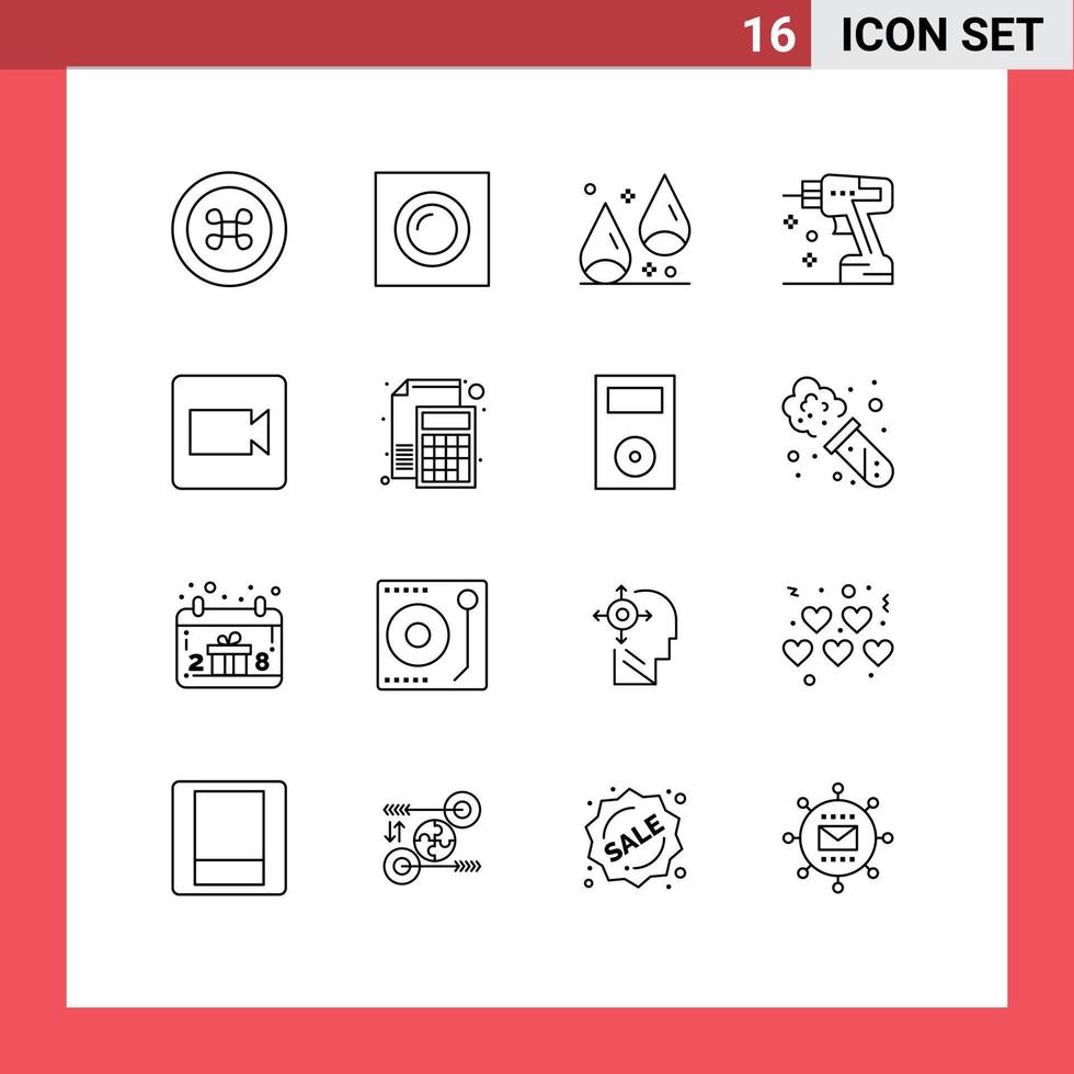16 creatief pictogrammen modern tekens en symbolen van video camera kastanje gereedschap boren bewerkbare vector ontwerp elementen