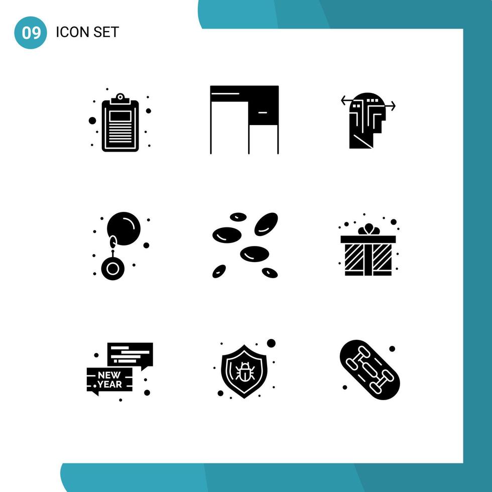 modern reeks van 9 solide glyphs pictogram van wbcs sieraden kantoor oorbellen hoofd bewerkbare vector ontwerp elementen