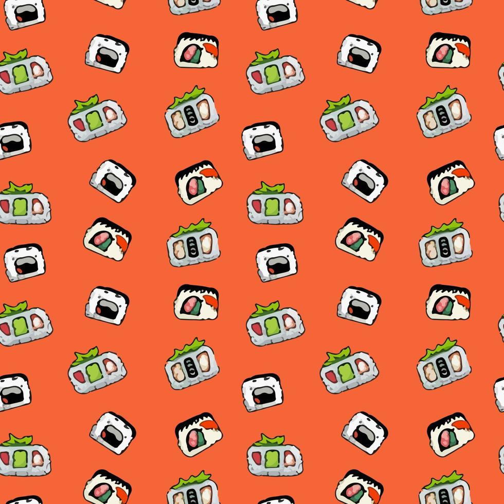 naadloos maki sushi illustratie patroon, orenge achtergrond vector