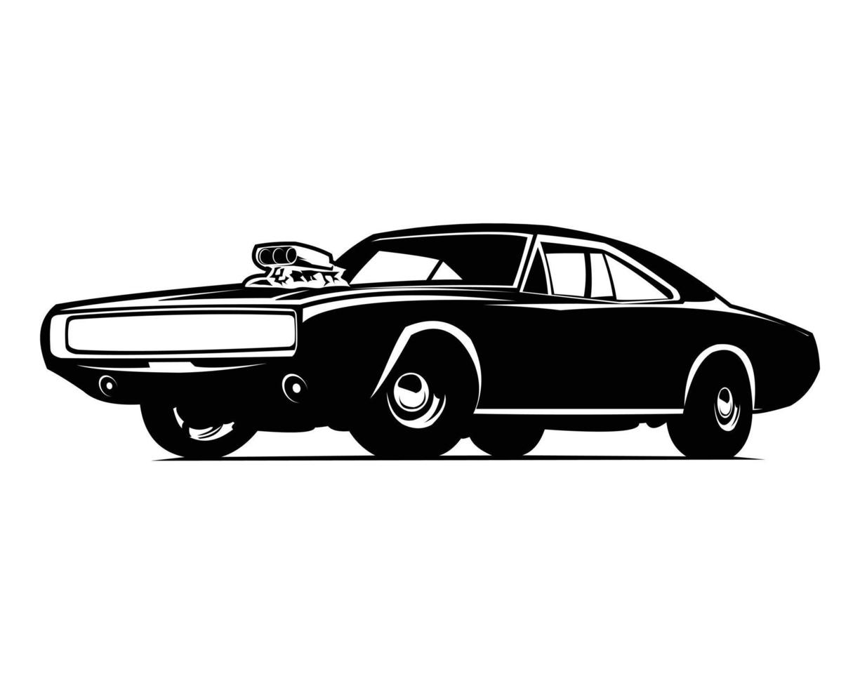 Jaren 70 oud ontwijken oplader logo silhouet geïsoleerd wit achtergrond visie van kant. het beste voor insignes, emblemen, pictogrammen en de oud auto industrie. vector illustratie eps 10.