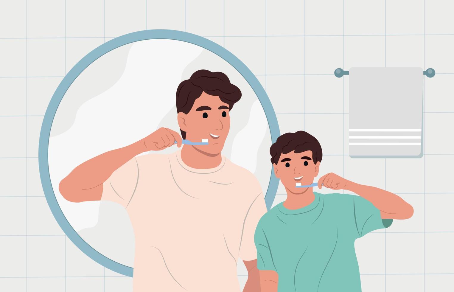 nationaal kinderen tandheelkundig Gezondheid maand. vader en zoon borstel hun tanden samen. vader geeft les hoe naar borstel tanden correct en praat over de voordelen vector