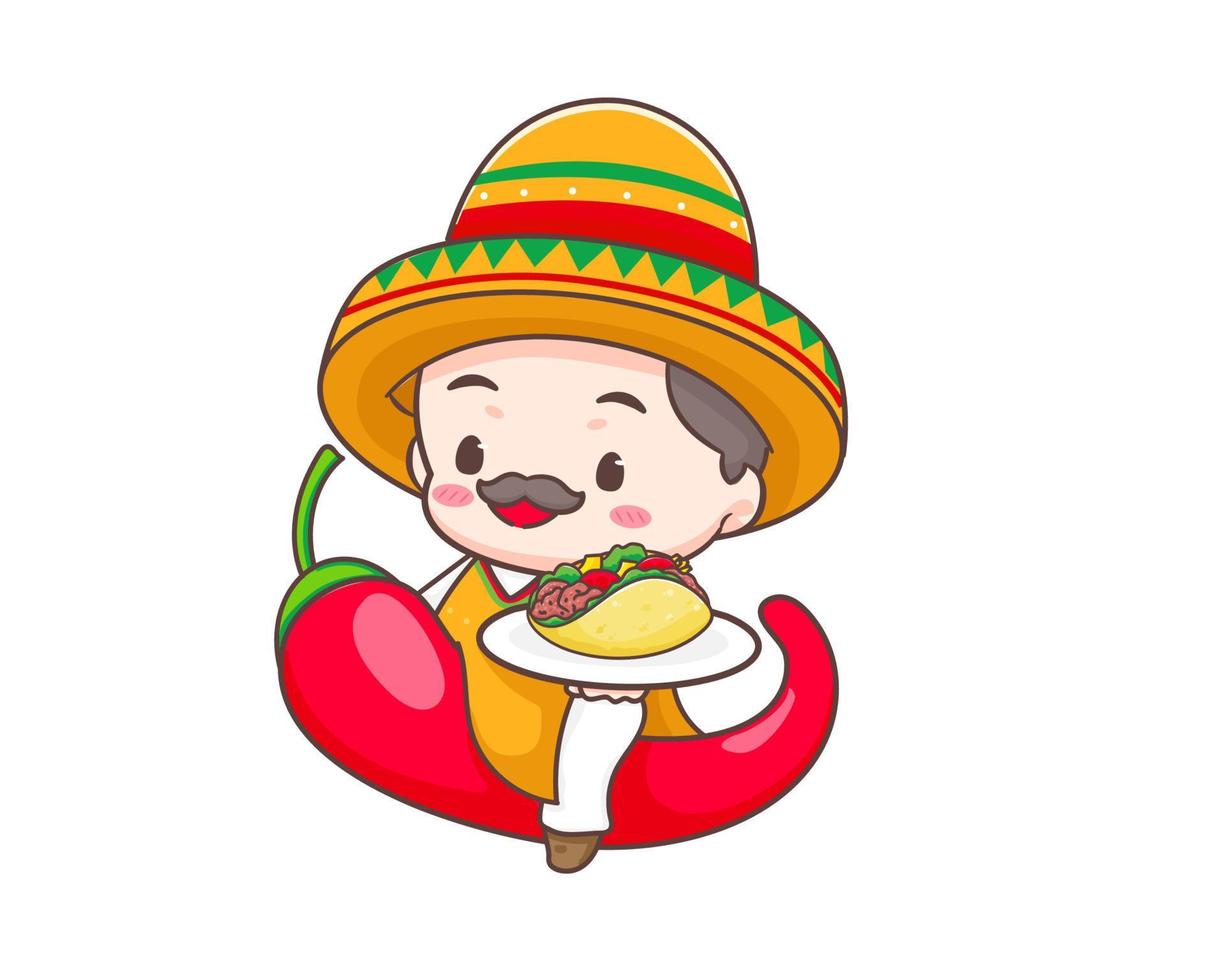 taco's logo tekenfilm illustratie. schattig chef draagt sombrero hoed Holding taco's. Mexicaans traditioneel straat voedsel. aanbiddelijk Mexicaans chef. vector kunst illustratie