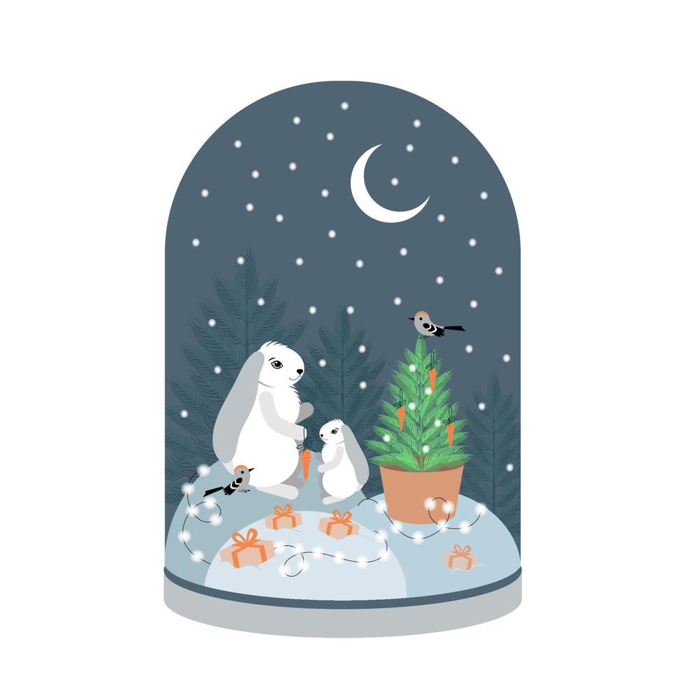 nieuw jaar en Kerstmis winter glas sneeuw bal vector met wit konijnen, vogels, Kerstmis boom, wortels en geschenken. Super goed voor vakantie poster, groet kaart, folder, sociaal netto na, verhaal, haspel.
