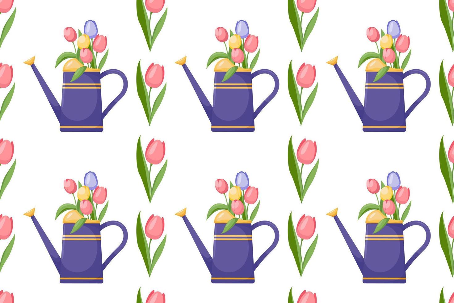 naadloos patroon met helder gieter kan en voorjaar bloemen. boeket van tulpen in mooi vaas. bloem arrangement in gieter kan. tuinieren vector