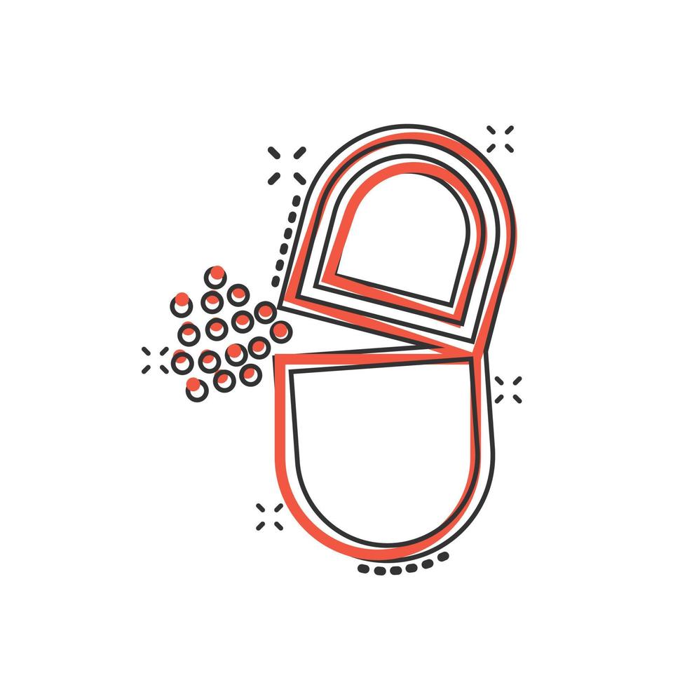 vitamine pil Notitie icoon in grappig stijl. capsule tekenfilm vector illustratie Aan wit geïsoleerd achtergrond. antibiotica plons effect teken bedrijf concept.