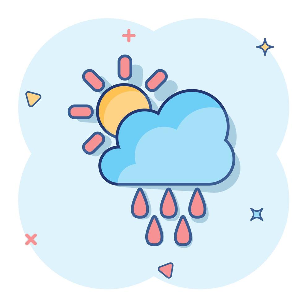 vector tekenfilm weer voorspelling icoon in grappig stijl. zon met wolken concept illustratie pictogram. wolk met regen bedrijf plons effect concept.