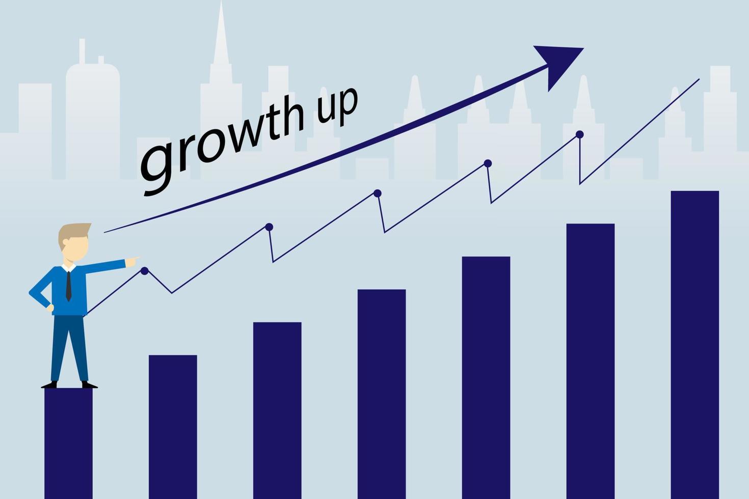 vector zakenman Aan de diagram groei omhoog met pijl stad achtergrond, prestatie doelwit van leider concept
