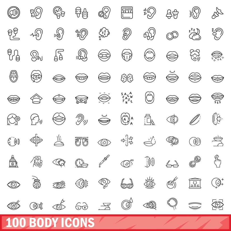 100 lichaam pictogrammen set, schets stijl vector